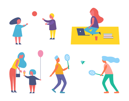 Children playing with inflatable ball isolated icons set. Woman working as freelance worker sitting on blanket with laptop and books, coffee vectorのイラスト素材