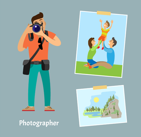 Photographer with digital camera and photographs sticked on tape. Family on grass lawn and mountain landscape photography cartoon vector illustration.のイラスト素材