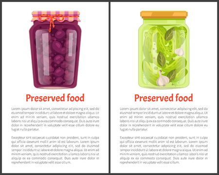 Preserved food banners set with plum and cucumber in jars. Fruits or vegetables inside containers, sweet compote, salty marinade vector illustrations.のイラスト素材