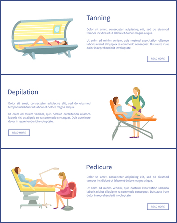 Tanning spa salon procedures pedicure set of posters with text sample vector. Depilation with wax stripes usage, gaining of tan in solarium parlorのイラスト素材