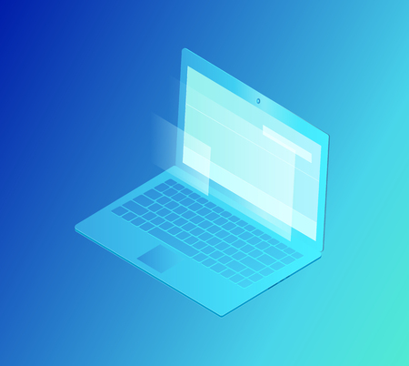 Laptop with screen isolated isometric 3d icon vector. Modern device with keyboard, outputs and microphone, webcam and buttons. Gadget for workingのイラスト素材