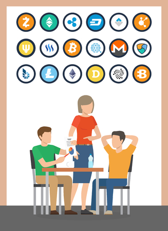 Bitcoin and dogecoin currencies set of isolated icons and people sitting by table vector. Bitcoindark and litecoin, dash and bitshare cryptocurrencyのイラスト素材
