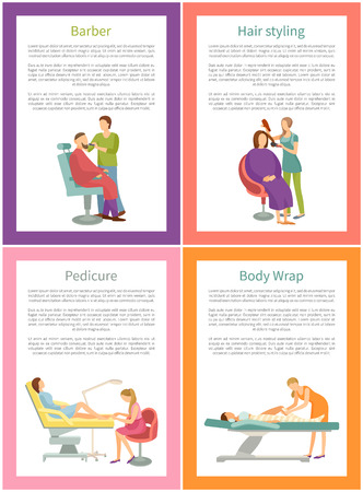 Hair styling barber hairdresser posters with text sample set vector. Body wrap and pedicurist working with client woman. Toenails care by specialistのイラスト素材