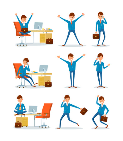 Businessman working in office, ceo with briefcase running to work vector. People in business, man talking on phone, leader with happy face smilingのイラスト素材