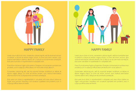 Happy family children posters with text and isolated mother and father with kids. Woman and man holding hands of child. Mom and dad with son vectorのイラスト素材