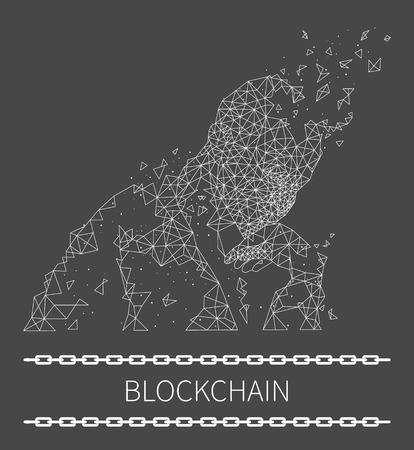 Blockchain poster with text and human shape made of geometric forms. Thinking person, deep in thought with hand on chin, artificial intellect vectorのイラスト素材