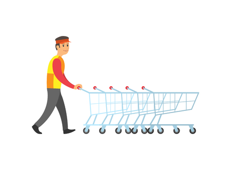 Worker man arranging empty metal shopping trolleys with handles vector. Carts for goods and bought products. Person in shop working on cleaning storeのイラスト素材