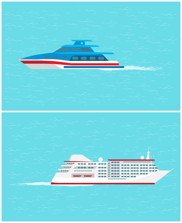 Water transport yacht and cruise liner set vector. transportation cozy and comfortable for people to travel with. Ship for passengers and voyagersのイラスト素材
