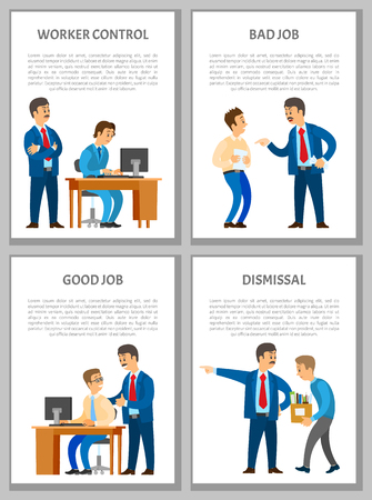 Worker control, bad and good job, dismissal of worker posters set. Boss leader director checking process and controlling every step, praising and screamingのイラスト素材