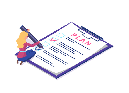 Plan Document Checklist, Woman Writing Planningのイラスト素材