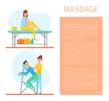 Massage of back and self care treatment method set vector. poster with text sample and working people, massages with clients doing work with oilsのイラスト素材