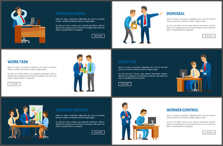 Working break, dismissal and workers control, good and bad employees, business meeting with report and presentation of graphs and charts vector postersのイラスト素材