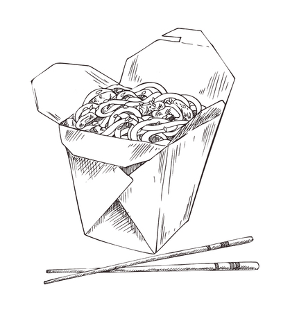 Packed noodle and chopsticks vector illustration of fast food isolated on white backdrop, tasty pasta with meat pieces sesame, wooden tools for eatingのイラスト素材