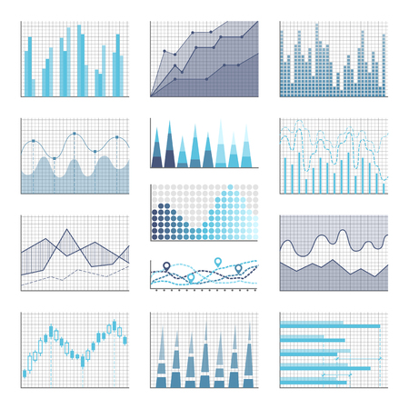 Infographics and diagnostics, charts and schemes vector. Visualized information in squared places, tables with data on project. Investigation resultsのイラスト素材