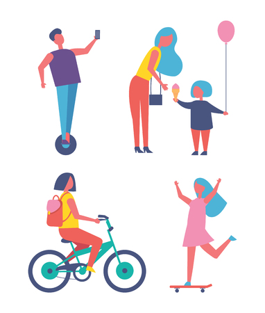 People playing in entertainment park cartoon vector set. Mom and daughter with ice cream and balloon, girl riding bike and skateboard, boy on unicycleのイラスト素材