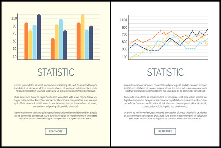Statistic web pages with text sample, infographics vector. Layout of visualized information, business data in comparison. Schemes and flowcharts planのイラスト素材