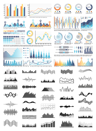 Graphics and flowcharts, schemes and charts set vector. Monochrome sketches outline of infocharts and infographics. Pie diagrams and numbers figuresのイラスト素材