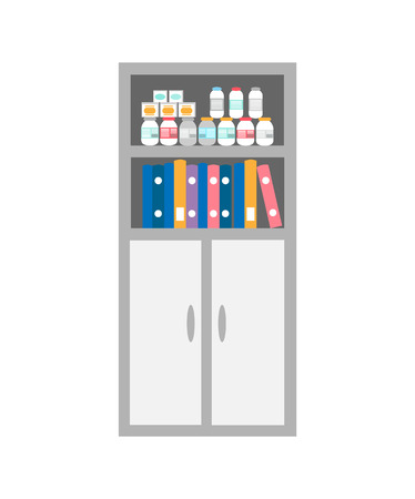 Chest of drawers, bookcase medicaments isolated icon vector. Hall decorative items, collection of bottles with curing pills, pets animals treatmentのイラスト素材