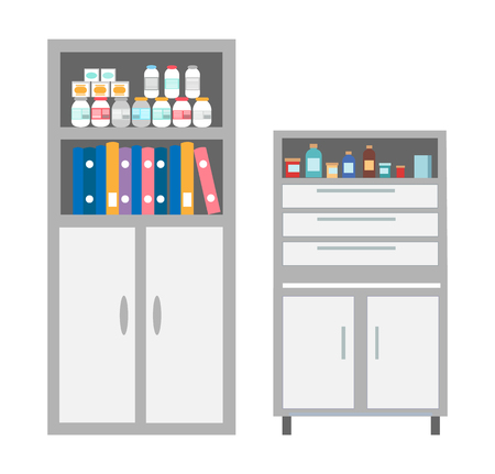 Vet clinic bookcase with files and documents isolated icons vector. Chest of drawers with medications and curing treatment. Bottles with pills tabletsのイラスト素材