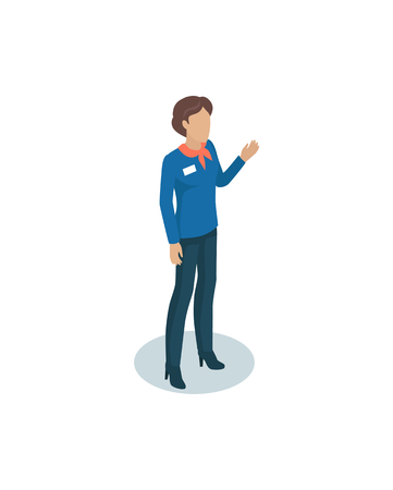 Manager of restaurant icon. Woman wearing formal clothes name badge on jacket and ribbon on neck. Businesswoman welcoming clients isolated on vectorのイラスト素材