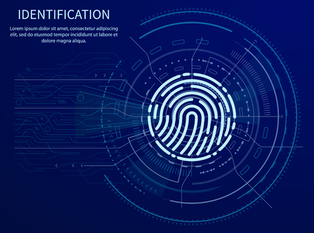 Identification fingerprints poster illuminated data vector. Screen with prints for people to access information. Verification and validation scanningのイラスト素材