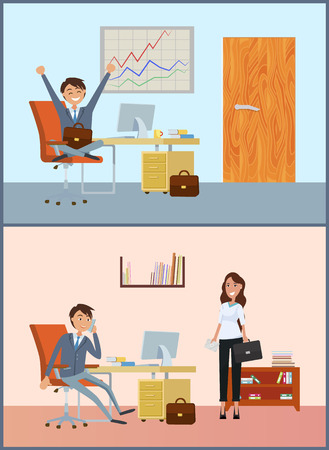 Business room of businessman, client and boss vector. Man talking on phone, woman with briefcase applying to director of company. Manager and ladyのイラスト素材