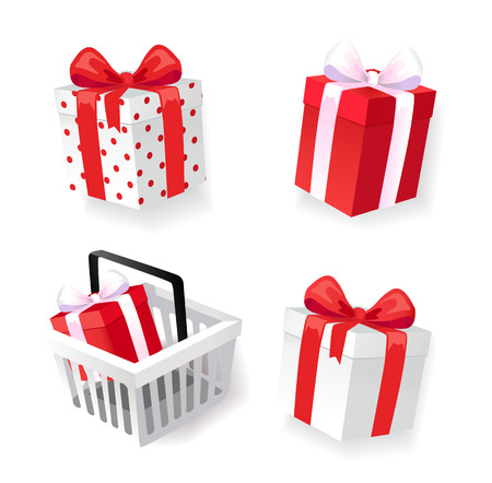 Gift boxes decorated with ribbons isolated icons vector. Sale of shops, sellout of presents boxes, holiday package to celebrate. Greeting items setのイラスト素材