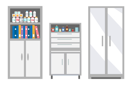 Veterinary furniture keeping pills and drugs in safe place vector. Refrigerator and chest of drawers, medication bottles with remedy. Treatment pets of vetのイラスト素材