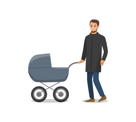 Pram with newborn child and father taking care of child isolated vector. Daddy walking with kid, transporting from one place to another. Family timeのイラスト素材