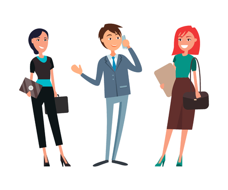 Businessman talking on phone, business women smiling holding tablets vector. Director solving issues with partners on cell, cooperation in team and teamworkのイラスト素材