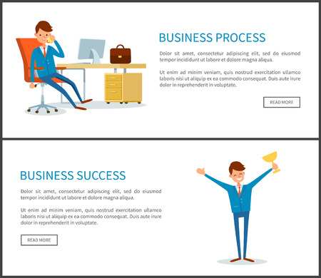 Business process and success, businessman holding gold prize vector. Victory and triumph of office worker wearing suit. Chief director talking on phoneのイラスト素材