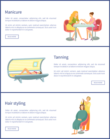 Manicure and tanning process in solarium for tan gaining, posters set text sample vector. hair styling by stylist, making wavy curls to woman clientのイラスト素材