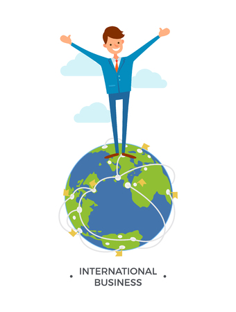 International business worldwide communication and networking with partners around world. Chief executive happy standing on globe vector. Smiling bossのイラスト素材