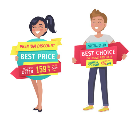 Premium discount and special offer best offer on ribbons. Man and woman with promotion people shoppers happy of sales and savings isolated on vectorのイラスト素材