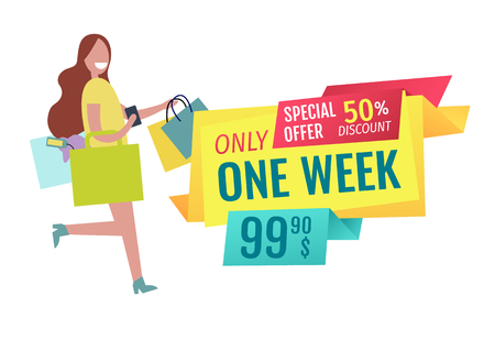 Only one week offer poster with running smiling woman holding purse and bag. Good clearance and female client doing shopping with pleasure vectorのイラスト素材