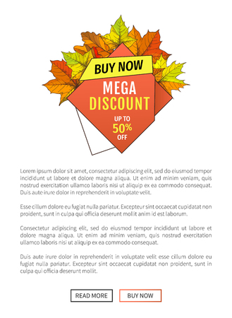 Mega discount on Thanksgiving day, exclusive offer buy now poster with maple and oak tree leaves. Vector autumn sale poster yellow foliage emblemのイラスト素材