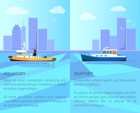 Aquatory and seaport promotional posters with small steamer and motor boat on water surface near coastline with skyscrapers vector illustrations.のイラスト素材