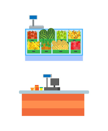 Supermarket empty seller counters and desks of cashier vector. Shelves with fruits in boxes, watermelon and pineapples, melons and pears showcaseのイラスト素材