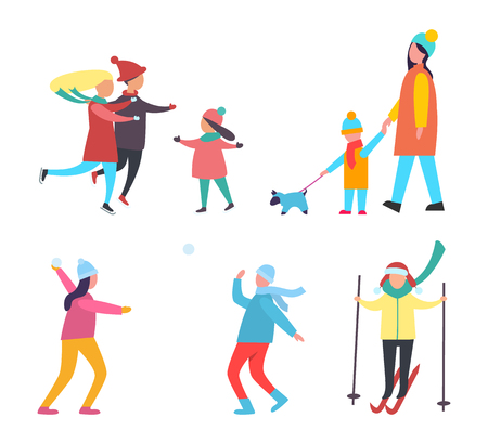 Winter activities and hobbies people set vector. Family skating with children, mother child walking dog pet. Couple playing snowballs, skiing personのイラスト素材