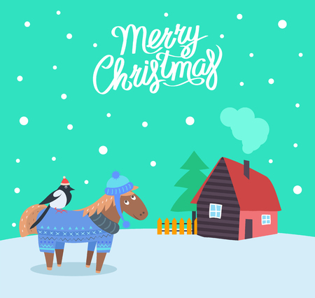 Merry Christmas greeting poster with animals vector. Celebration of winter holiday, horse and bullfinch sitting on its back. Tree and house with fenceのイラスト素材
