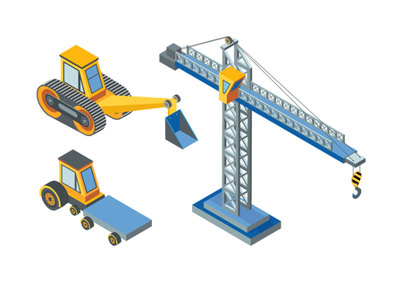 Excavator and construction machinery, lifting crane isolated icons vector. Machines with shovel and digger, hydraulic transport structure developmentのイラスト素材