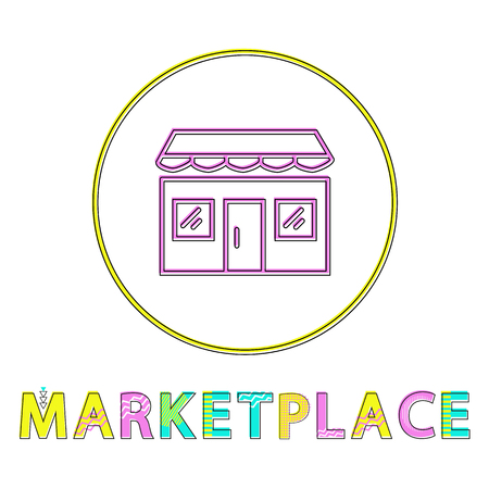 Marketplace color minimalist thin line design framed icon for depiction seller and buyer interaction providing place. Concept for trading platform.のイラスト素材