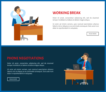 Working break and phone negotiations posters. Boss resting in office, put legs on table. Leader with mustaches in relaxed pose. Chief worker dreaming at workplaceのイラスト素材