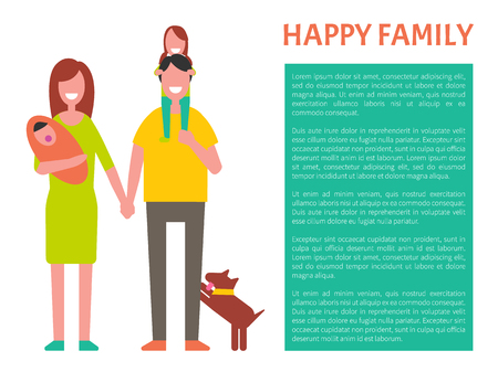 Happy family parents and kids poster with text sample in block. Woman holding husband by hand vector. Spouse with children having fun isolated peopleのイラスト素材