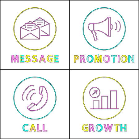 Message and promotion, call and growth of chart icons set. Letters in envelope and loudspeaker. Phone and diagram isolated on vector illustrationのイラスト素材