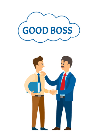 Good boss praising worker at job, company leader vector. Chief executive businessman talking to colleague, shaking hands and encouraging words to colleagueのイラスト素材
