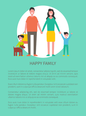 Family members mother, father, son, daughter and dog pet isolated. Happy couple and children, close relatives walk together, cartoon style vector posterのイラスト素材