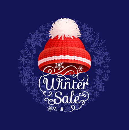 Winter sale poster knitted red hat with white pom-pom vector. Warm headwear item, cloth thick woolen chunky yarn, hand knitting crochet headdressのイラスト素材