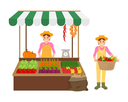 Woman and farmer isolated icons set. Seller vendor with cabbage and pepper, cucumbers and carrots, pumpkin and tomatoes. Female holds basket vectorのイラスト素材