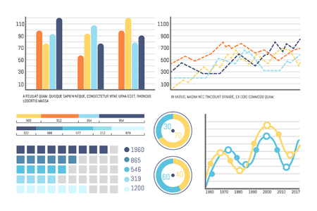 Infographics and flowcharts, pie diagram info vector. Visual information, statistics and research analysis results in schemes and infocharts layoutのイラスト素材